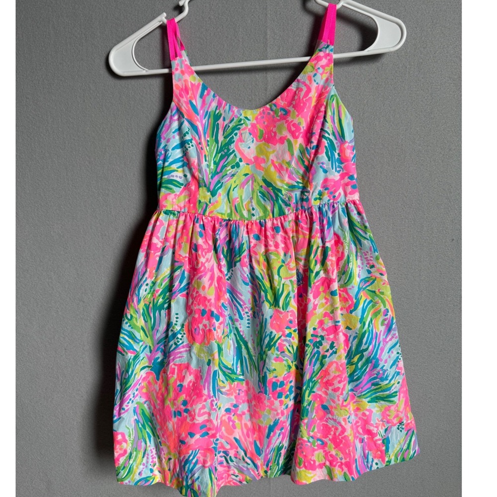 Lilly Pulitzer Neon Print Fan Sea Pants Rue Cotton Dress Girls Size 10 Pockets